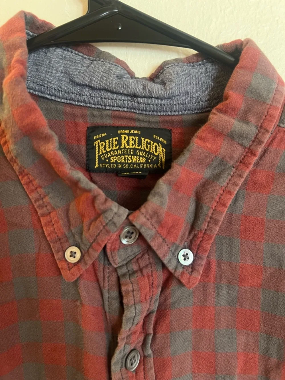 True Religion Men’s Red Plaid Button-Down Shirt